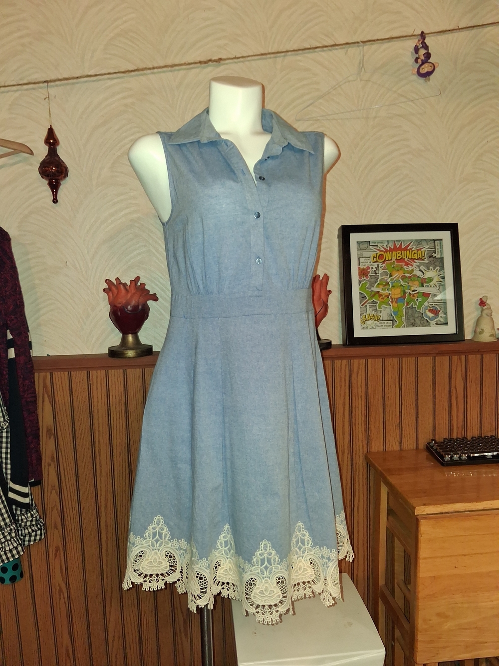 cleo Sleeveless Chambray Blue Dress with Cream Lace Trim